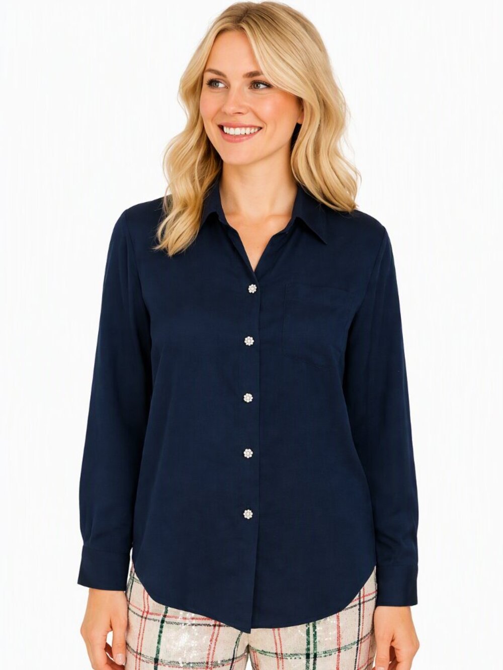 Alex & Lili Navy Blue Button Down Blouse Rhinestone Buttons Size Medium